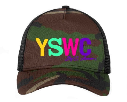 Snapback Trucker, Camouflage and Black Cap, YSWC Letter Logo with colors Yellow, Mint Green, Purple & Pink for the Ladies
