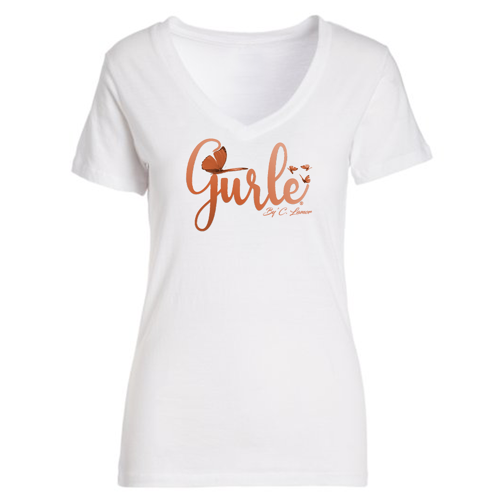 Gurlé Logo  Gold Butterfly V-neck White T - Shirt