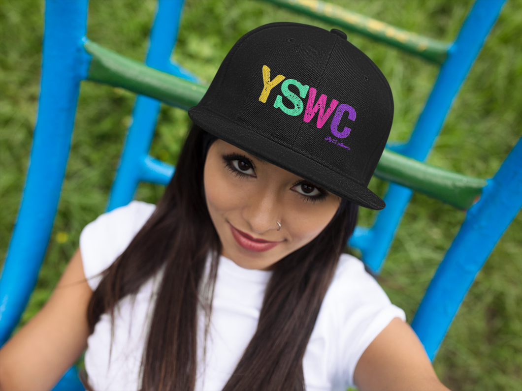Original Flat Bill Snapback, Black Cap, YSWC Letter Logo with colors Yellow, Mint Green, Pink and Purple for the Ladies