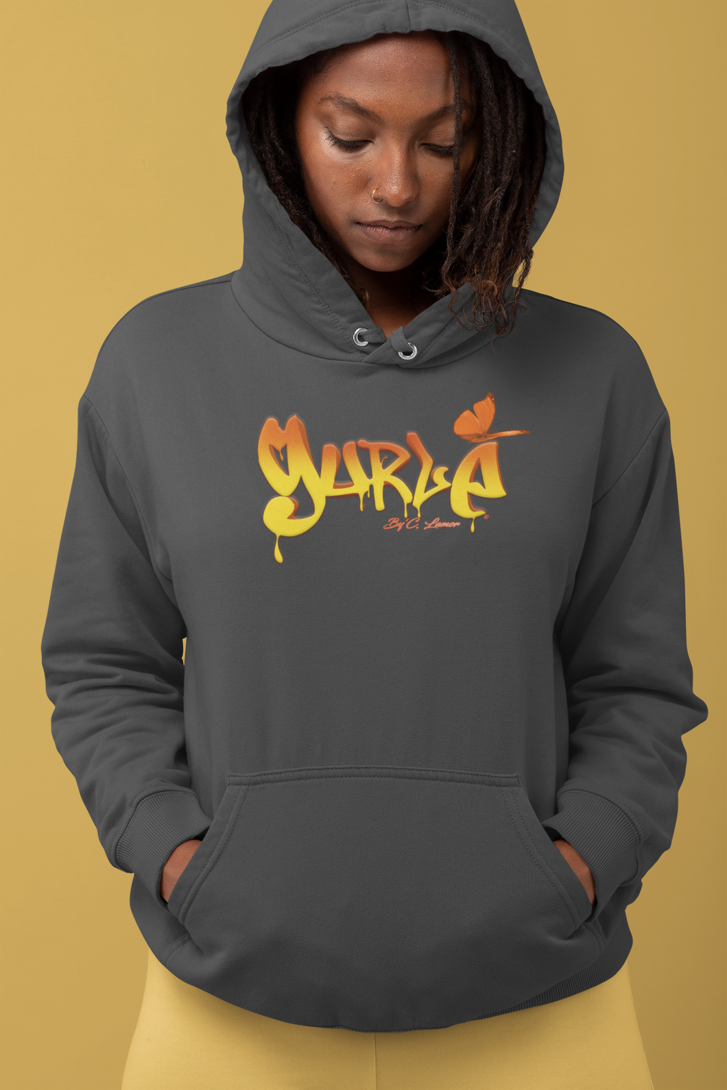 Gurlé Gray Hoodie with Orange and Yellow Grafitti for Ladies