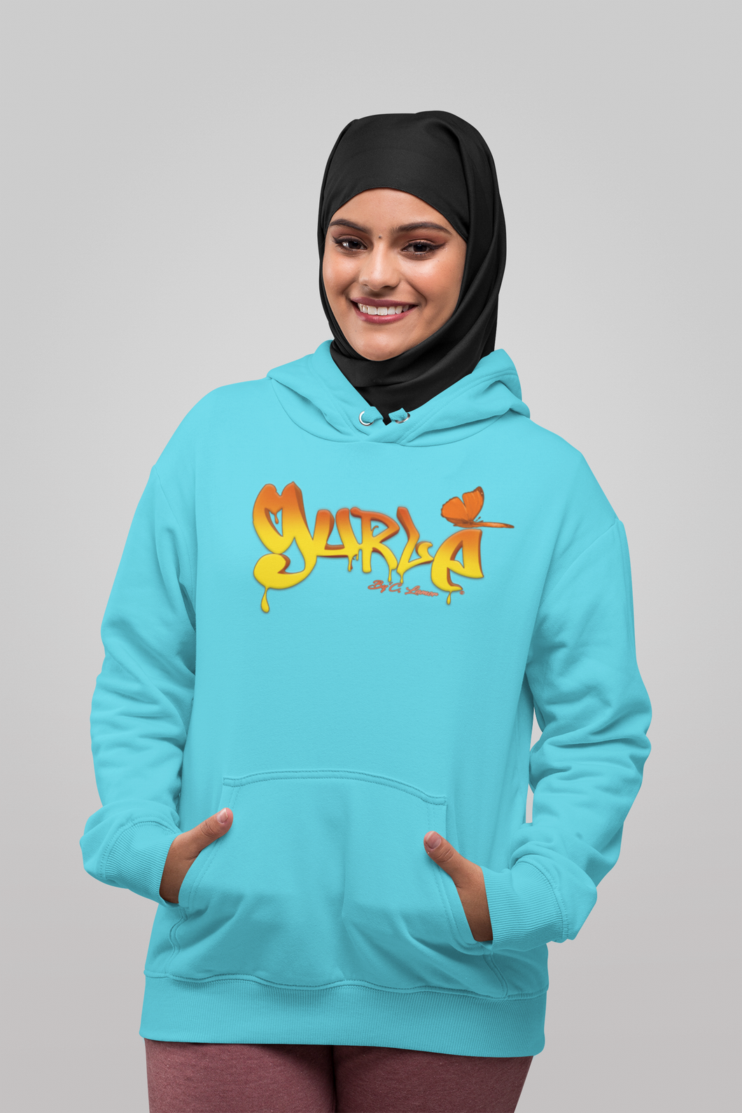 Gurlé Turquoise Hoodie with Orange and Yellow Grafitti