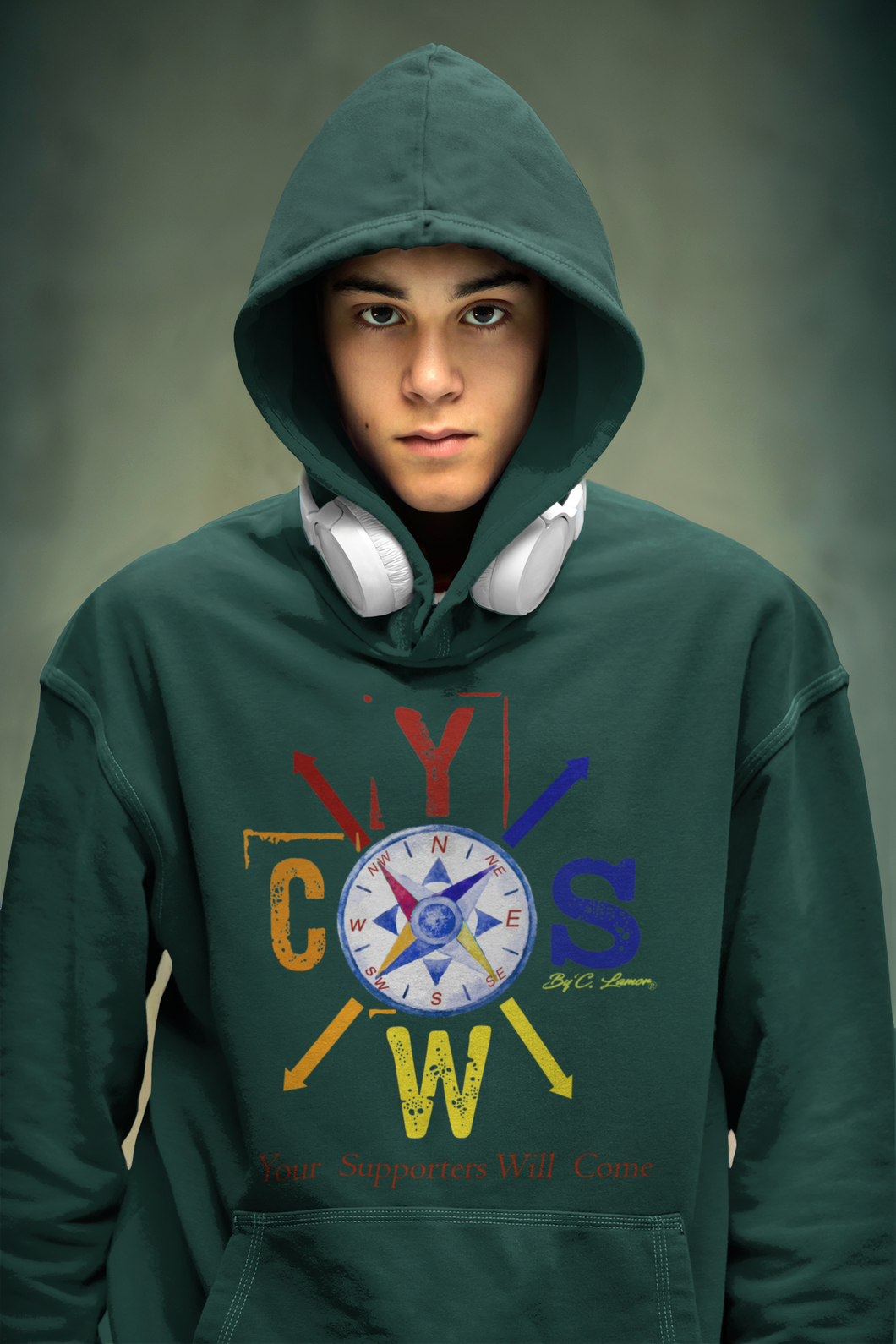 By' C. Lamor - Your Supporters Will Come  Compass, Heather Green, Hoodie with Orange, Royal Blue, Yellow and Red logo - Unisex