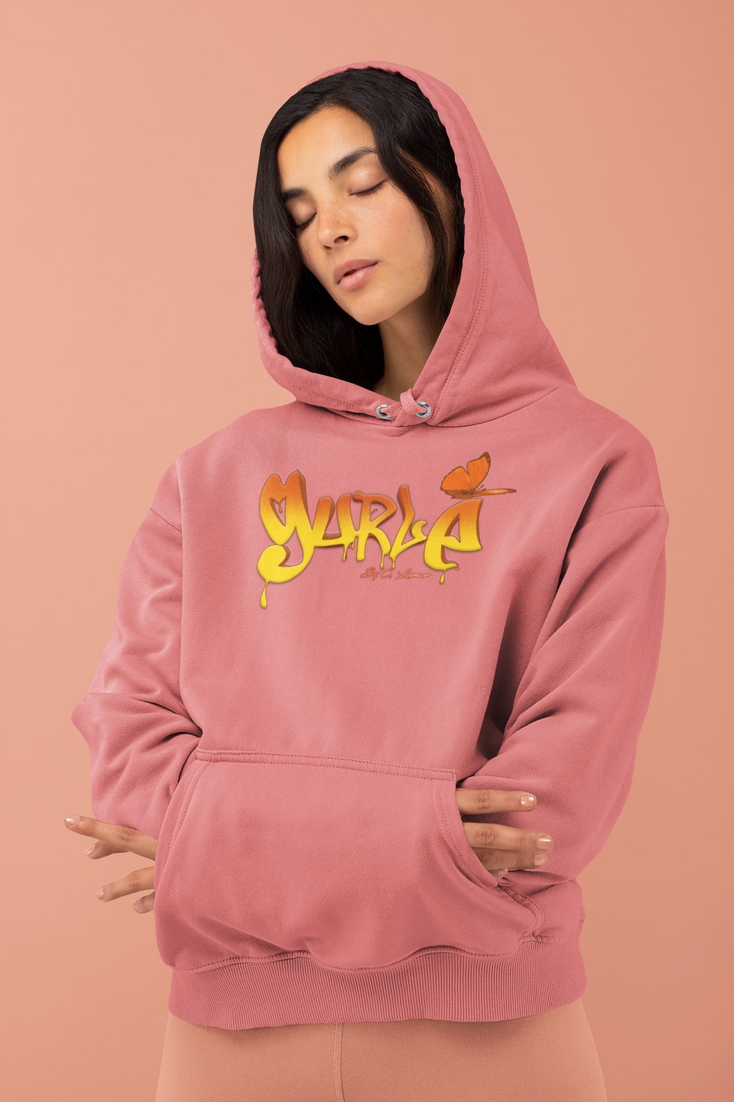 Gurlé Pink Salmon Hoodie with Orange and Yellow Grafitti