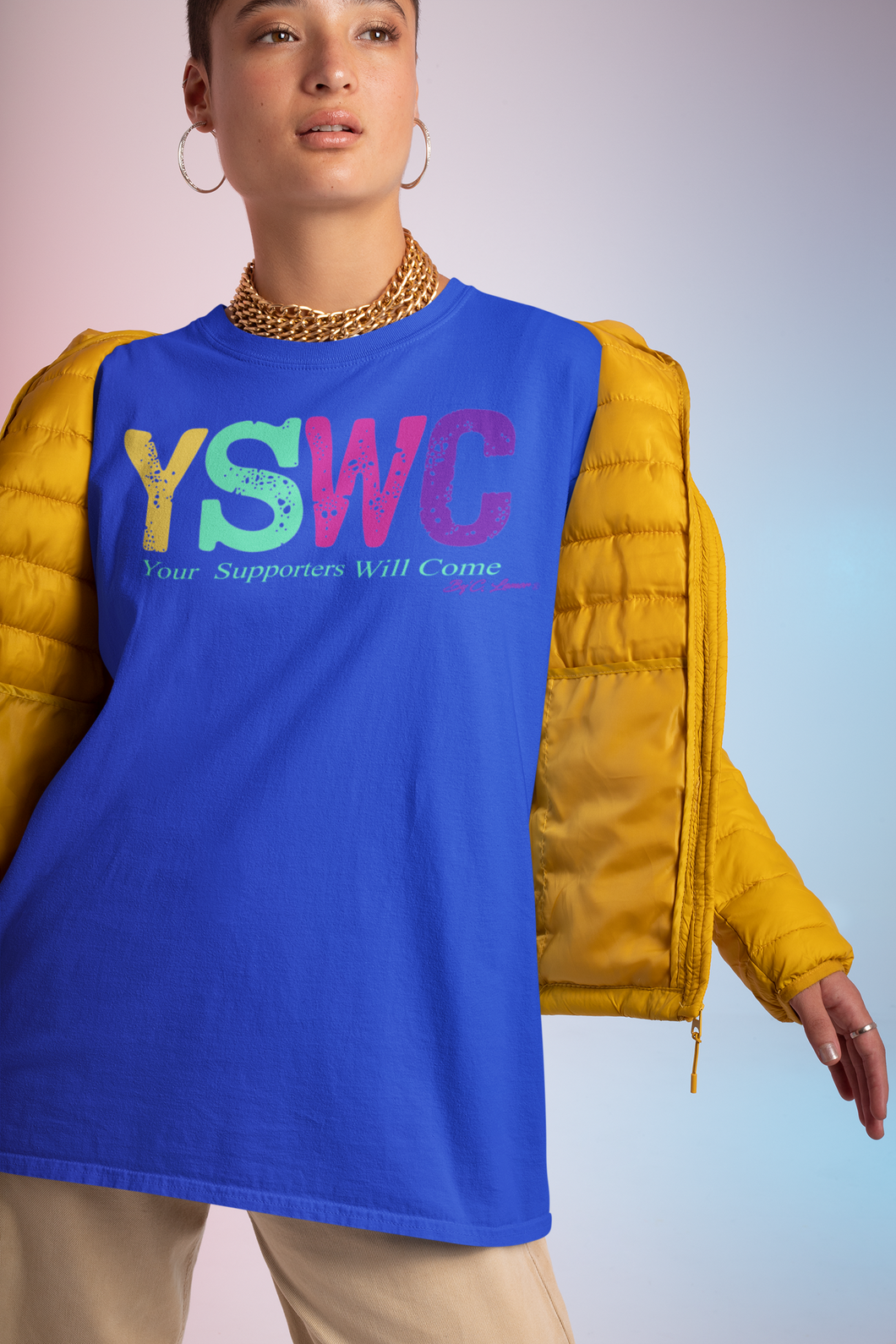 By' C. Lamor- YSWC Letter, Royal Blue tshirt, in the colors Yellow, Green, Pink and Purple for the Ladies