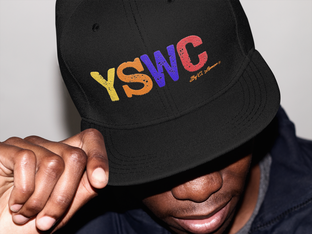 Flat Bill Snapback, Black Cap, YSWC Letter Logo with colors Yellow, Orange, Blue and Red for the Gentlemen