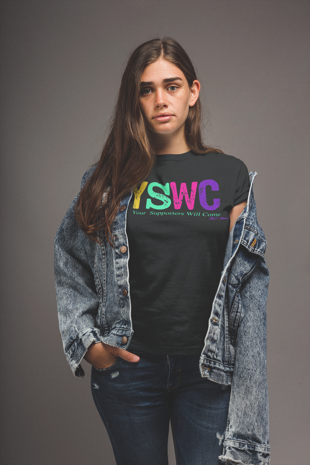 By' C. Lamor- YSWC Letter, Black tshirt, in the colors Yellow, Green, Pink and Purple for the Ladies