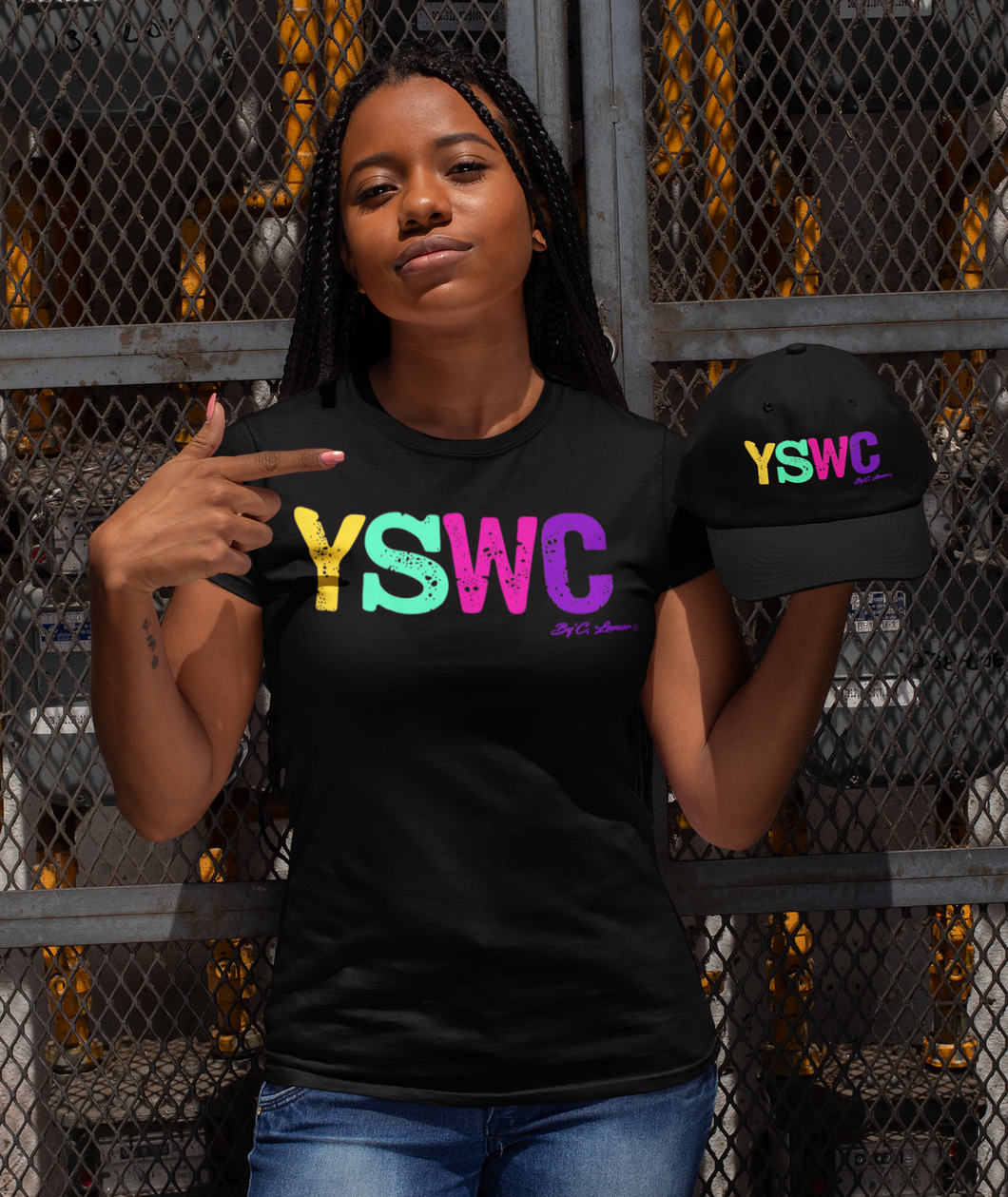 Adjustable Unstructured Black Cap, YSWC Letter Logo with Yellow, Mint Green, Purple & Pink for the Ladies